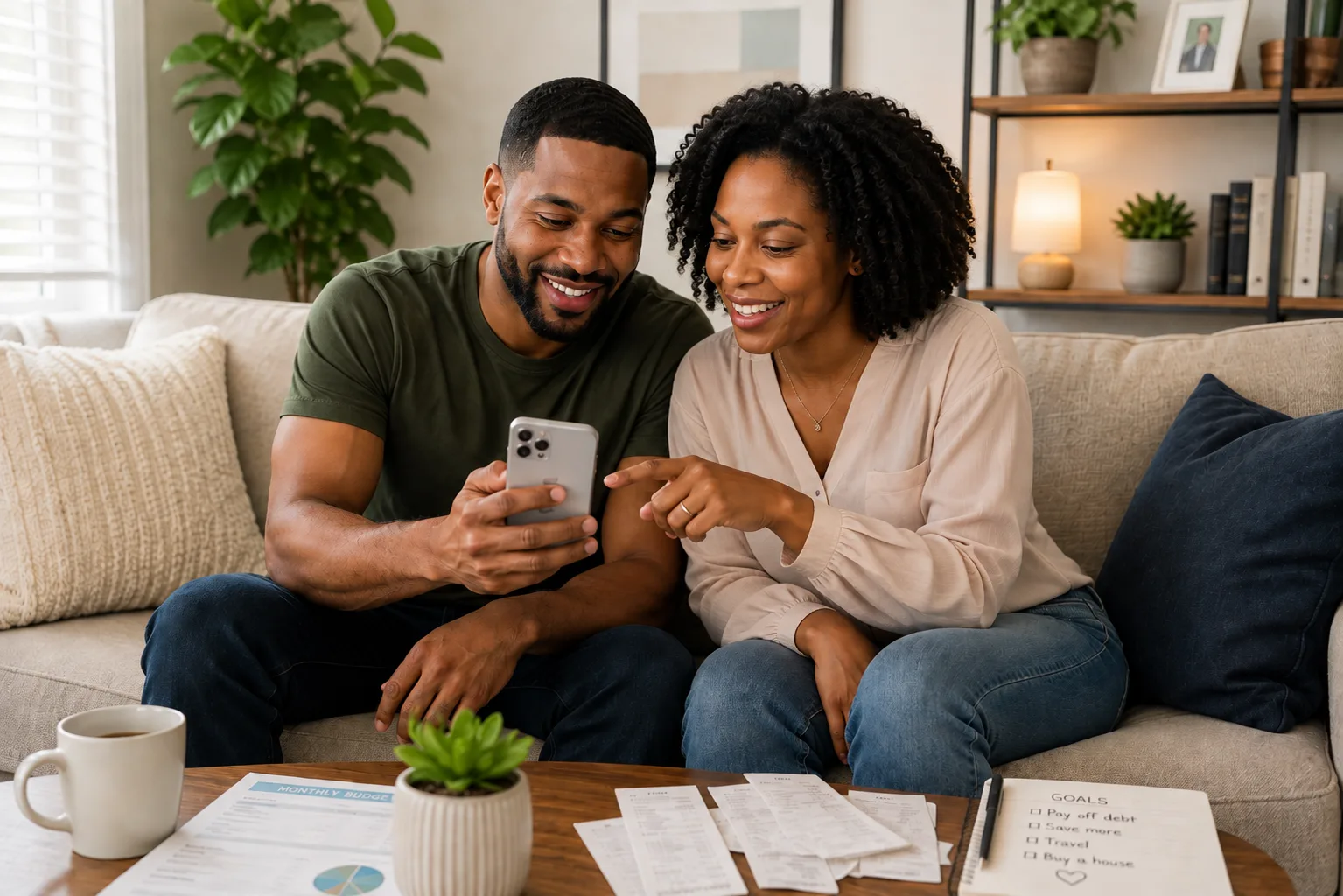 A couple reviewing their household budget together on a phone