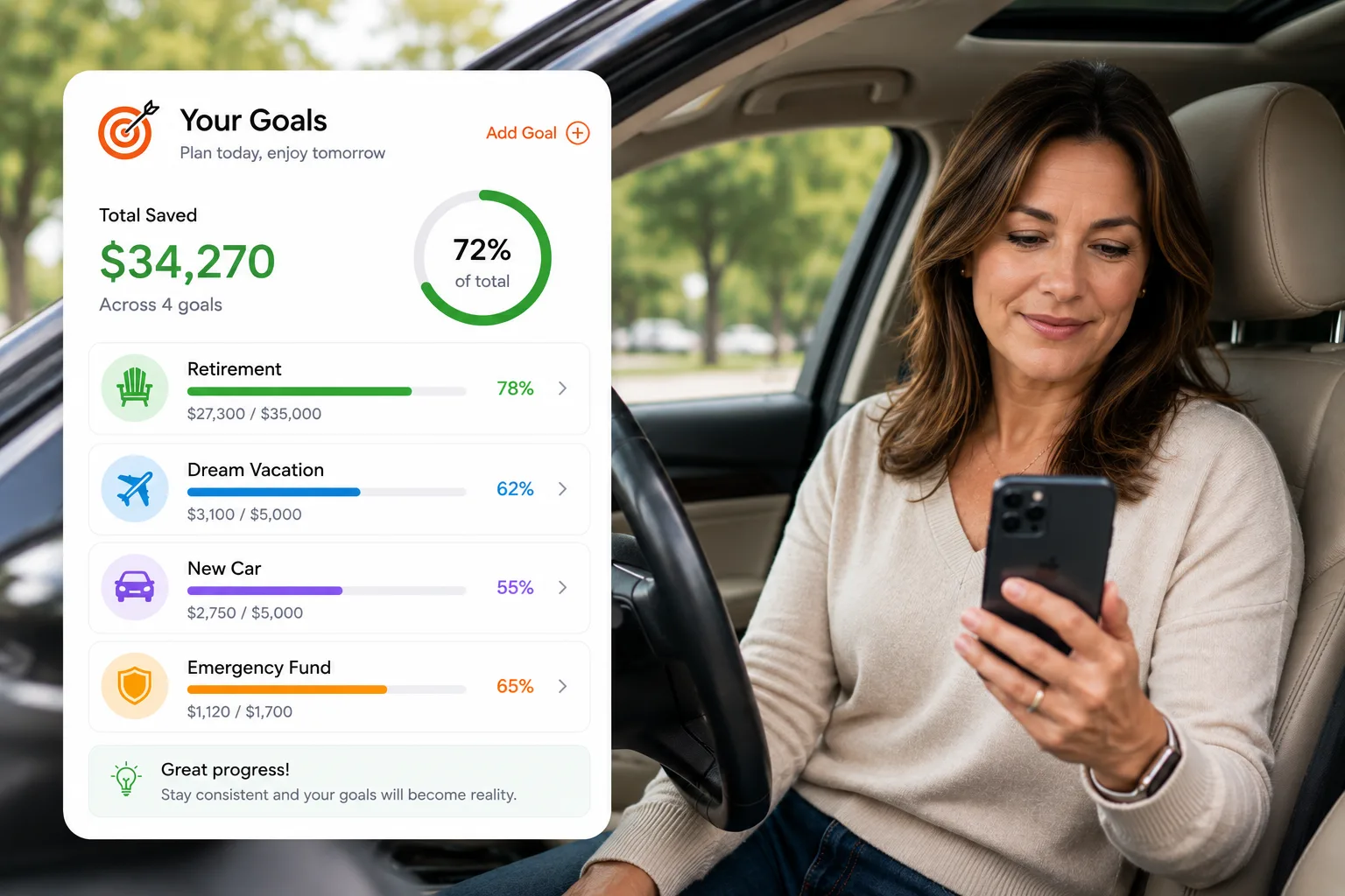 SpeakCents goals overview showing progress for Dream Vacation, New Car and Emergency Fund